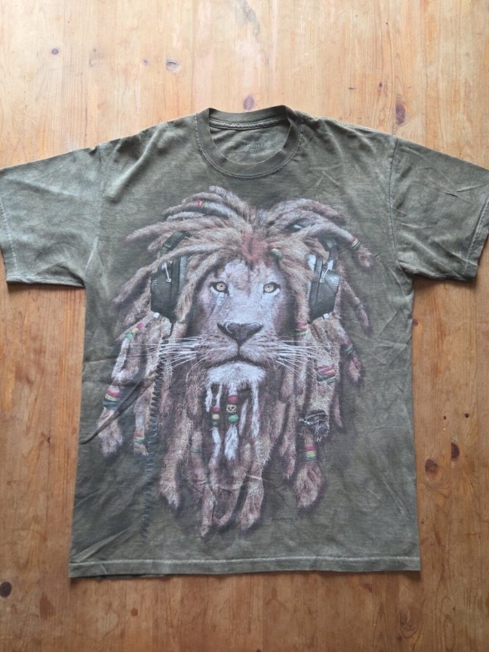 The Mountain Vintage DJ Jahman Rasta Lion Tie Dye Graphic Tee Shirt Green M